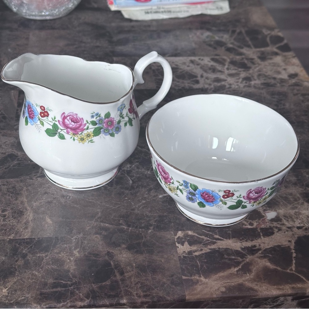 Royal Sutherland Fine Bone China Creamer And Open Sugar Bowl Floral